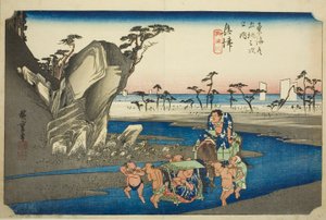 Okitsu: Der Okitsu-Fluss, aus der Serie "Dreiundfünfzig Stationen der Tokaido-Straße" von Utagawa Hiroshige