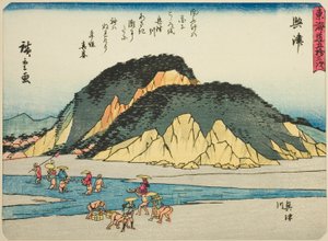 Okitsu: Der Okitsu-Fluss (Okitsu, Okitsugawa), aus der Serie "Dreiundfünfzig Stationen des Tokaido (Tokaido gojusan tsugi)", auch bekannt als der Tokaido mit Gedicht (Kyoka iri Tokaido) von Utagawa Hiroshige