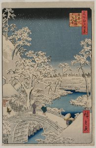 Bild der Dämmerung an der Trommelbrücke in Meguro, aus der Serie 100 Ansichten berühmter Orte in Edo von Utagawa Hiroshige