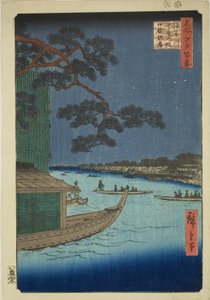 Kiefer des Erfolgs und Oumayagashi, Asakusa-Fluss (Asakusagawa Shubi no matsu Oumayagashi), aus der Serie "Hundert berühmte Ansichten von Edo (Meisho Edo hyakkei)" von Utagawa Hiroshige