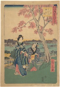 Pflaumenblütenbesichtigung im dritten Monat am Sumida-Fluss aus der Serie Jahresereignisse an berühmten Orten in der östlichen Hauptstadt von Utagawa Hiroshige