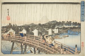 Regen an der Nihonbashi-Brücke (Nihonbashi no hakuu), aus der Serie "Berühmte Orte in der östlichen Hauptstadt (Toto meisho)" von Utagawa Hiroshige