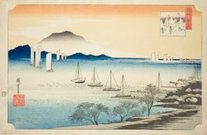 Rückkehrende Segel bei Yabase (Yabase no kihan), aus der Serie "Acht Ansichten von Omi (Omi hakkei no uchi)" von Utagawa Hiroshige