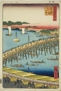 Ryogoku-Brücke und das große Flussufer (Ryogokubashi Okawabata), aus der Serie "Hundert berühmte Ansichten von Edo (Meisho Edo hyakkei)" von Utagawa Hiroshige
