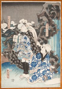 Theaterszene - Frau und Mann vor einem Wasserfall von Utagawa Hiroshige