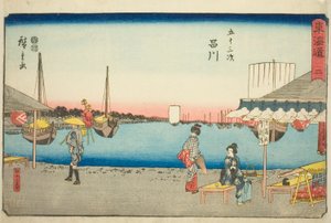 Shinagawa: Teehäuser in Samegafuchi (Shinagawa, Samegafuchi no chaya)—Nr. 2, aus der Serie "Dreiundfünfzig Stationen des Tokaido (Tokaido gojusan tsugi)," auch bekannt als Reisho Tokaido von Utagawa Hiroshige