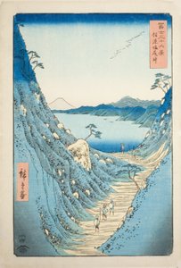 Shiojiri-Pass in der Provinz Shinano, aus der Serie "Sechsunddreißig Ansichten des Berges Fuji (Fuji sanjurokkei)" von Utagawa Hiroshige
