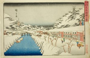 Schnee auf der Akabane-Brücke in Shiba, aus der Serie "Berühmte Orte in der östlichen Hauptstadt" von Utagawa Hiroshige