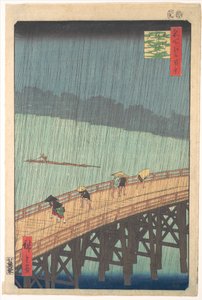 Plötzlicher Regenschauer über der Shin-Ōhashi-Brücke und Atake, aus der Serie Einhundert berühmte Ansichten von Edo von Utagawa Hiroshige