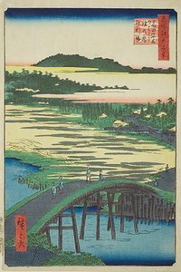 Sugatami-Brücke, Omokage-Brücke und die Kiesgrube in Takata, Nr. 116 aus der Serie "Hundert berühmte Ansichten von Edo" von Utagawa Hiroshige