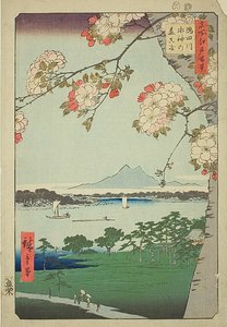 Suijin-Schrein und Massaki am Sumida-Fluss (Sumidagawa Suijin no mori Massaki), Nr. 35 aus der Serie "Hundert berühmte Ansichten von Edo (Meisho Edo hyakkei)" von Utagawa Hiroshige