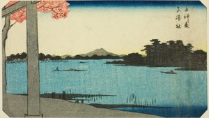 Suijin-Wälder und der Schrein in Massaki (Suijin no mori, Massaki yashiro), Abschnitt eines Blattes aus der Serie "Ausschnitte berühmter Orte in Edo (Edo meisho harimaze zue)" von Utagawa Hiroshige