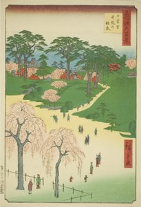 Tempelgärten in Nippori (Nippori jiin no rinsen), aus der Serie "Hundert berühmte Ansichten von Edo (Meisho Edo hyakkei)"
