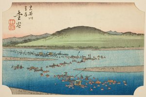 Das ferne Ufer des Oi-Flusses in Kanaya (Oigawa engan, Kanaya), Abschnitt des Blattes Nr. 6 aus der Serie "Ausschnittbilder der Tokaido (Tokaido harimaze zue)" von Utagawa Hiroshige