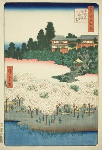 Der Blumenpavillon am Dango-Hang, Sendagi (Sendagi Dangozaka Hanayashiki), aus der Serie "Hundert berühmte Ansichten von Edo (Meisho Edo hyakkei)" von Utagawa Hiroshige