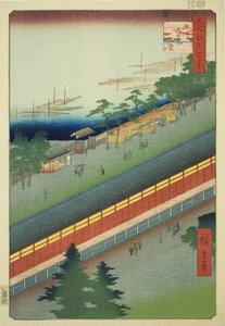 Die Halle der Dreiunddreißig Buchten in Fukagawa, aus der Serie „Hundert berühmte Ansichten von Edo“ von Utagawa Hiroshige