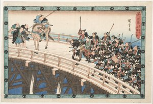 Der nächtliche Angriff, vierte Episode (eigentlich fünfte): Der Rückzug über die Ryōgoku-Brücke von Utagawa Hiroshige