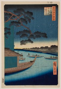 Die Rendezvous-Kiefer am Asakusa-Fluss und die Oumaya-Bank des Sumida-Flusses, aus der Serie „Hundert berühmte Ansichten von Edo“ von Utagawa Hiroshige