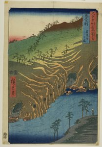 Die Straße unterhalb des Rakan-Tempels in der Provinz Buzen, aus der Serie "Dreiundfünfzig Stationen des Tokaido" von Utagawa Hiroshige
