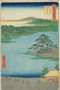 Die Robe-hängende Kiefer am Senzoku-Teich (Senzoku no ike Kesakakematsu), Nr. 110 aus der Serie "Hundert berühmte Ansichten von Edo (Meisho Edo hyakkei)" von Utagawa Hiroshige