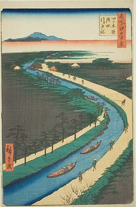 Schleppboote entlang des Yotsugidori-Kanals (Yotsugidori yosui hikifune), Nr. 33 aus der Serie "Hundert berühmte Ansichten von Edo (Meisho Edo hyakkei)" von Utagawa Hiroshige