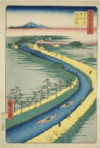 Schleppboote entlang des Yotsugidori-Kanals, aus der Serie „Hundert berühmte Ansichten von Edo“