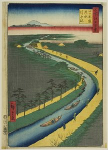 Schleppboote entlang des Yotsugidori-Kanals (Yotsugidori yosui hikifune), aus der Serie "Hundert berühmte Ansichten von Edo (Meisho Edo hyakkei)" von Utagawa Hiroshige