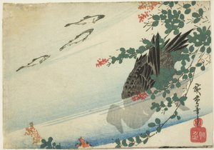 Forellen, Ente und Buschkleeblätter von Utagawa Hiroshige