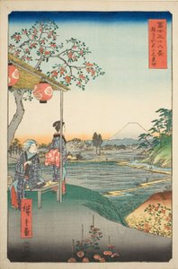 Blick auf den Berg Fuji von einem Teehaus in Zoshigaya (Zoshigaya Fujimi chaya), aus der Serie "Sechsunddreißig Ansichten des Berges Fuji (Fuji sanjurokkei)"