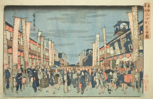 Ansicht der Theater in Nichomachi (Nichomachi shibai no zu), aus der Serie "Berühmte Orte in der östlichen Hauptstadt (Toto meisho)" von Utagawa Hiroshige