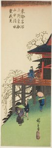 Kirschblütenbesichtigung von der Kiyomizu-Halle in Toeizan in Ueno (Ueno Toeizan chu Kiyomizudo no hanami), aus der Serie "Berühmte Ansichten der östlichen Hauptstadt (Toto meisho)" von Utagawa Hiroshige