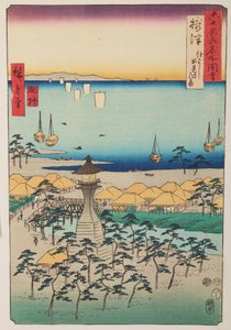 Küste von Demi und Leuchtturm in der Provinz Settsu / Settsu Sumiyoshi Demi no hama, Tafel 5 aus der Serie: Ansichten berühmter Orte in sechzig und einigen Provinzen / Rokuju yoshu meisho zue von Utagawa Hiroshige