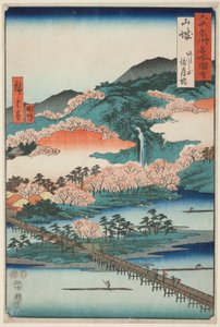 Yamashiro Provinz: Die Togetsu-Brücke in Arashiyama, aus der Serie "Berühmte Orte in den Sechzig-odd Provinzen" von Utagawa Hiroshige