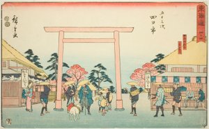 Yokkaichi: Die Kreuzung des Weges zum Ise-Schrein im Dorf Hinaga (Yokkaichi, Hinagamura oiwake, Sangudo)—Nr. 44, aus der Serie „Dreiundfünfzig Stationen des Tokaido (Tokaido gojusan tsugi)“, auch bekannt als Reisho Tokaido von Utagawa Hiroshige