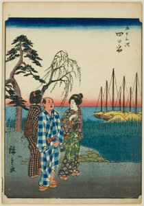 Yokkaichi, aus der Serie "Dreiundfünfzig Stationen [des Tokaido] (Gojusan tsugi)," auch bekannt als der Figuren-Tokaido (Jinbutsu Tokaido)