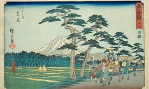 Yoshiwara: Die berühmte Ansicht des Berges Fuji auf der linken Seite (Yoshiwara, meisho hidari Fuji)—Nr. 15, aus der Serie "Dreiundfünfzig Stationen des Tokaido (Tokaido gojusan tsugi)", auch bekannt als das Reisho Tokaido von Utagawa Hiroshige