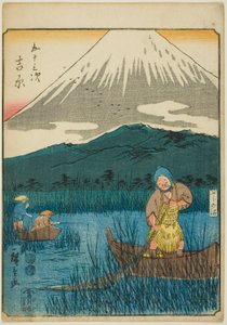 Yoshiwara, aus der Serie "Dreiundfünfzig Stationen [des Tokaido] (Gojusan tsugi)," auch bekannt als die Figuren-Tokaido (Jinbutsu Tokaido)