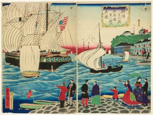 Wahre Ansicht der ausländischen Gebäude entlang der Uferpromenade, gesehen von den Yokohama-Docks (Yokohama hatoba yori kaigandori ijinkan no shinzu) von Utagawa Hiroshige III