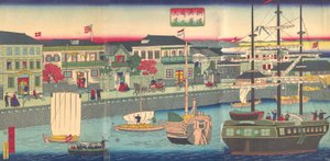 Blick auf die Uferpromenade in Yokohama Yokohama Kagandori no fukei von Utagawa Hiroshige III