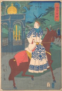 Amerikanische Frau reitet im Damensattel auf der Straße in Hommoku, Motomura, Yokohama, 2. Monat, 1861 von Utagawa Hiroshige II
