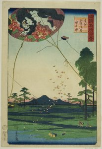 Drachen von Fukuroi und Fernsicht auf Akiba in der Provinz Totomi (Enshu Akiba enkei Fukuroi tako), aus der Serie "Hundert berühmte Ansichten in den verschiedenen Provinzen (Shokoku meisho hyakkei)"