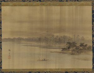 Flusslandschaft und Tempel im Regen
