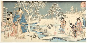Ein östlicher Genji in einem verschneiten Garten, 1854
