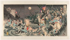 Extra Zeitungsbericht vom 26. Oktober: Japanische Truppen greifen chinesische Kavallerie in der Nähe von Hushan an von Utagawa Kokunimasa