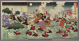 Heftige Kämpfe am Anseong-Übergang in Korea (Chosen Anjo watashi no gekisen no zu) von Utagawa Kokunimasa