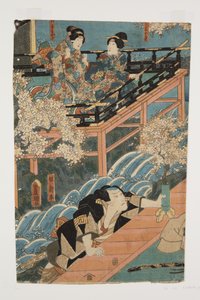 Schauspieler spielen Ob?kichisa Koshi-moto Kogiku, D?kiki Yau und Yakko Shinpei (Koshi-moto Kogiku, D?kiki Yau, Yakko Shinpei) von Utagawa Kunisada