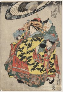 Die Kurtisanen Hanamurasaki und Koshikibu vom Tamaya spazieren im Regen