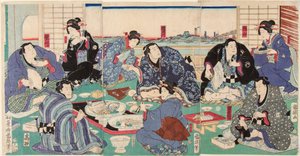 Der Sumo-Ringer Sakaigawa Namiemon (links) mit anderen Ringern und Geishas bei einem Festmahl. Druck von Kuniteru, Utagawa (1808-1876)
