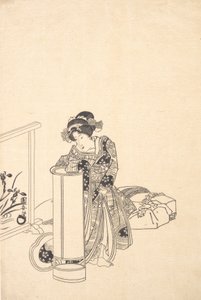 Junge Frau, die sich über eine hohe Lampe beugt von Utagawa Kuniyasu