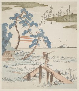 Ein Bauer überquert eine Fußbrücke von Utagawa Kuniyoshi